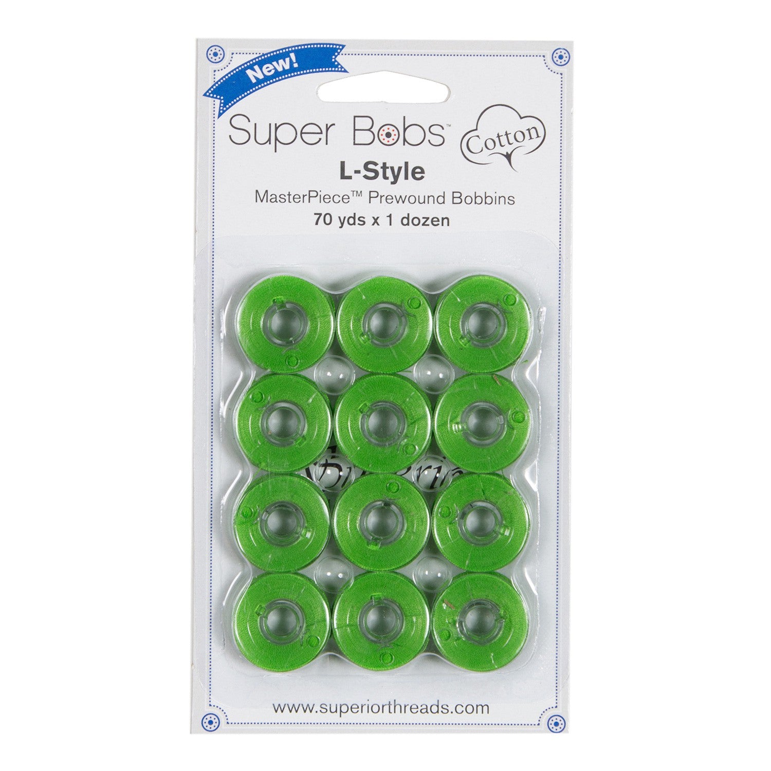 Super Bobs MasterPiece Cotton 70yd Prewound Bobbins 12ct L-Style Green with Envy