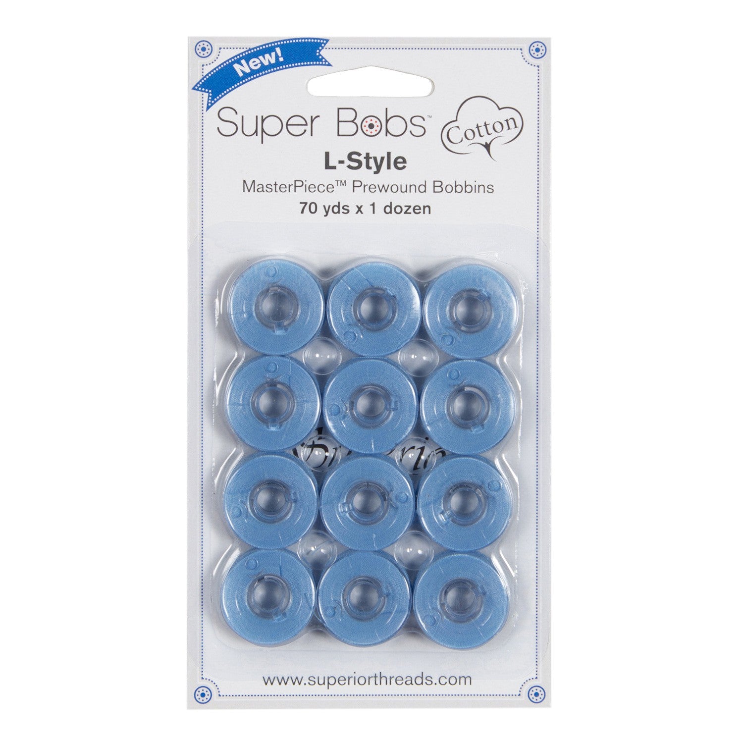 Super Bobs MasterPiece Cotton 70yd Prewound Bobbins 12ct L-Style Azure