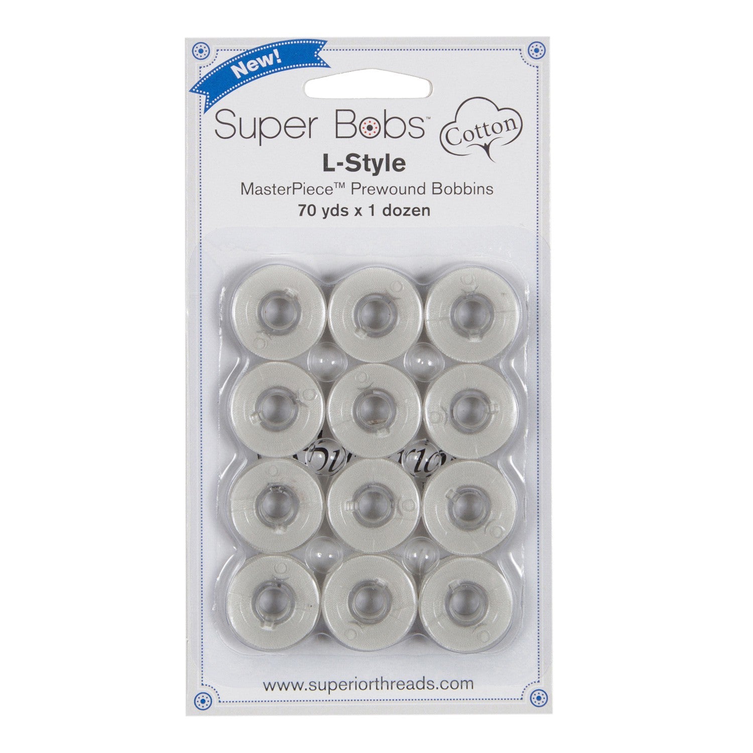 Super Bobs MasterPiece Cotton 70yd Prewound Bobbins 12ct L-Style Canvas