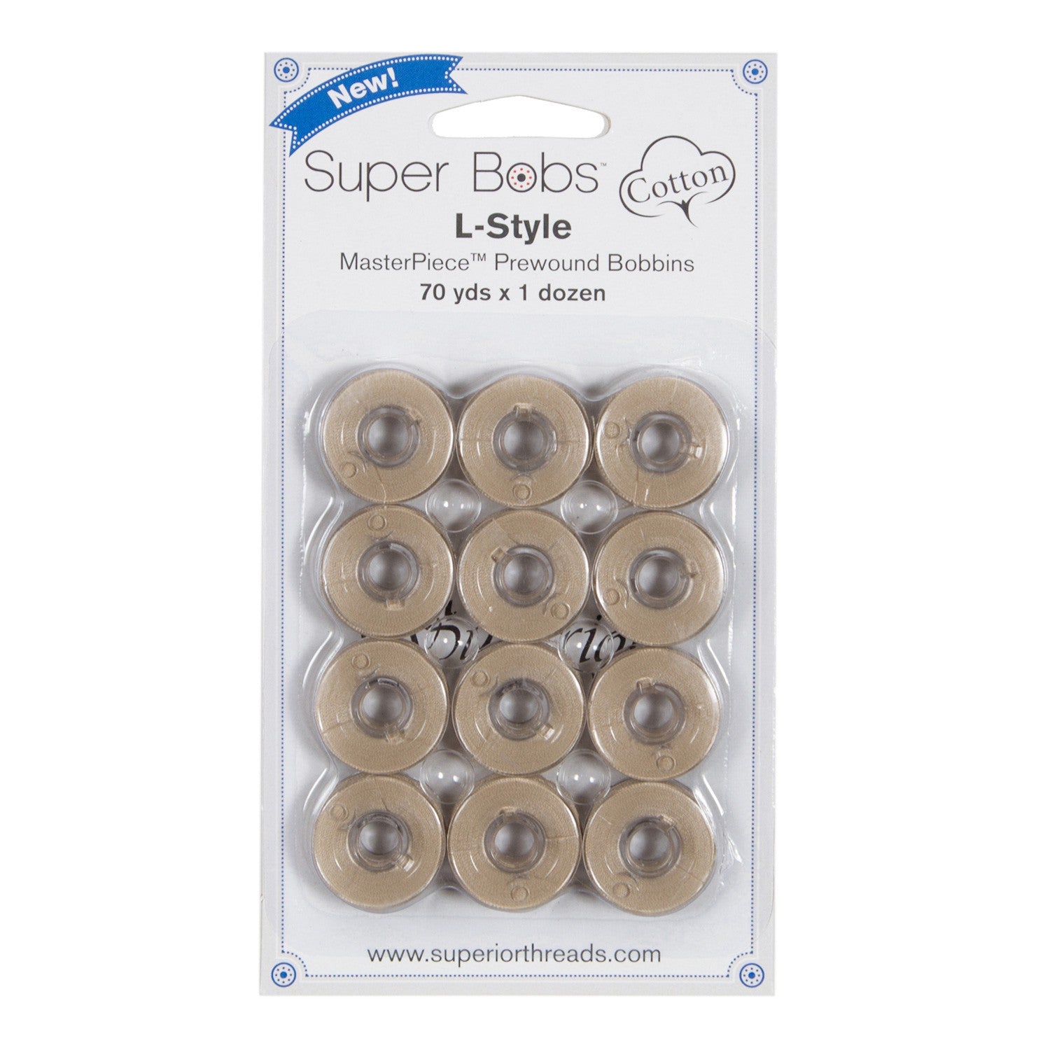 Super Bobs MasterPiece Cotton 70yd Prewound Bobbins 12ct L-Style Parchment