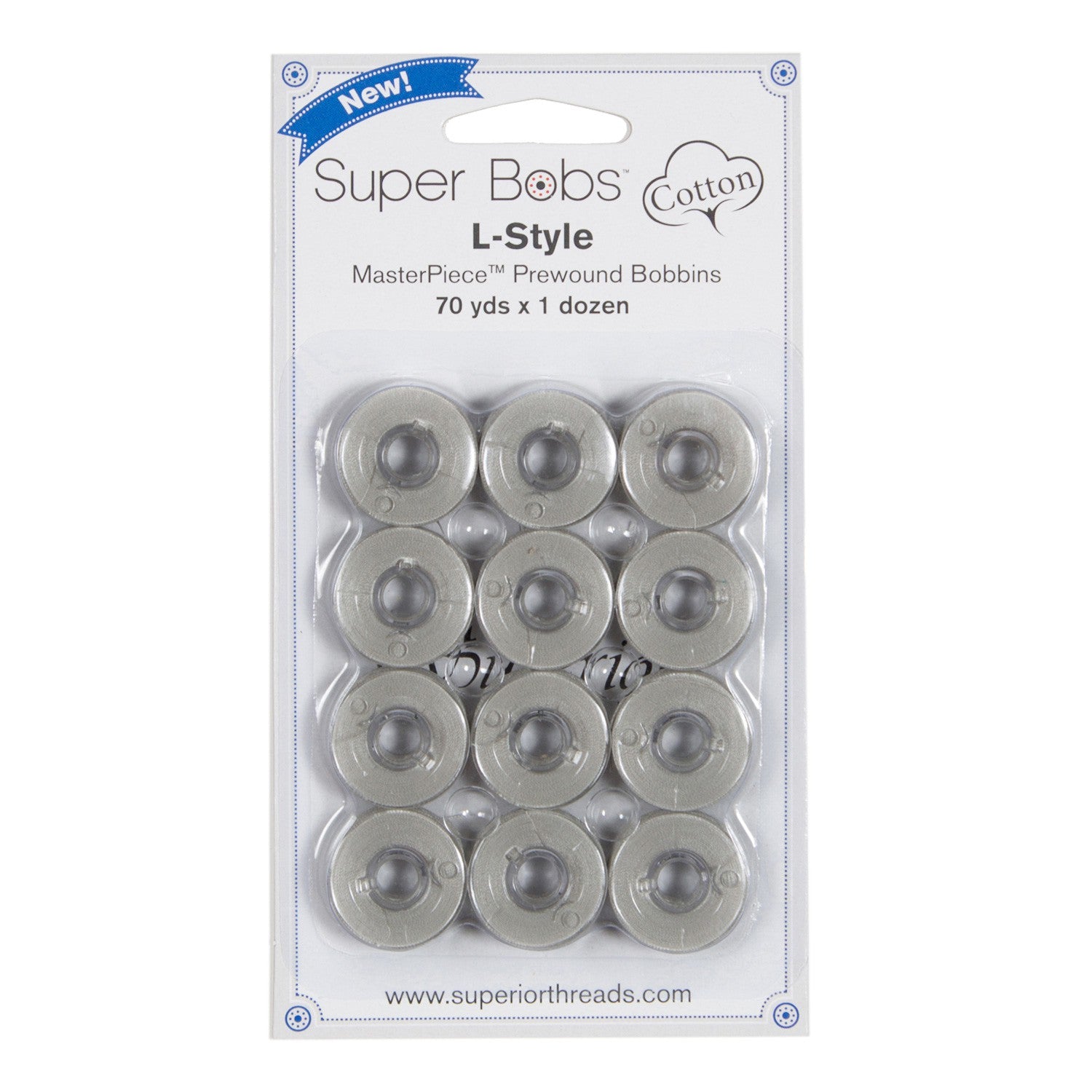 Super Bobs MasterPiece Cotton 70yd Prewound Bobbins 12ct L-Style Granite