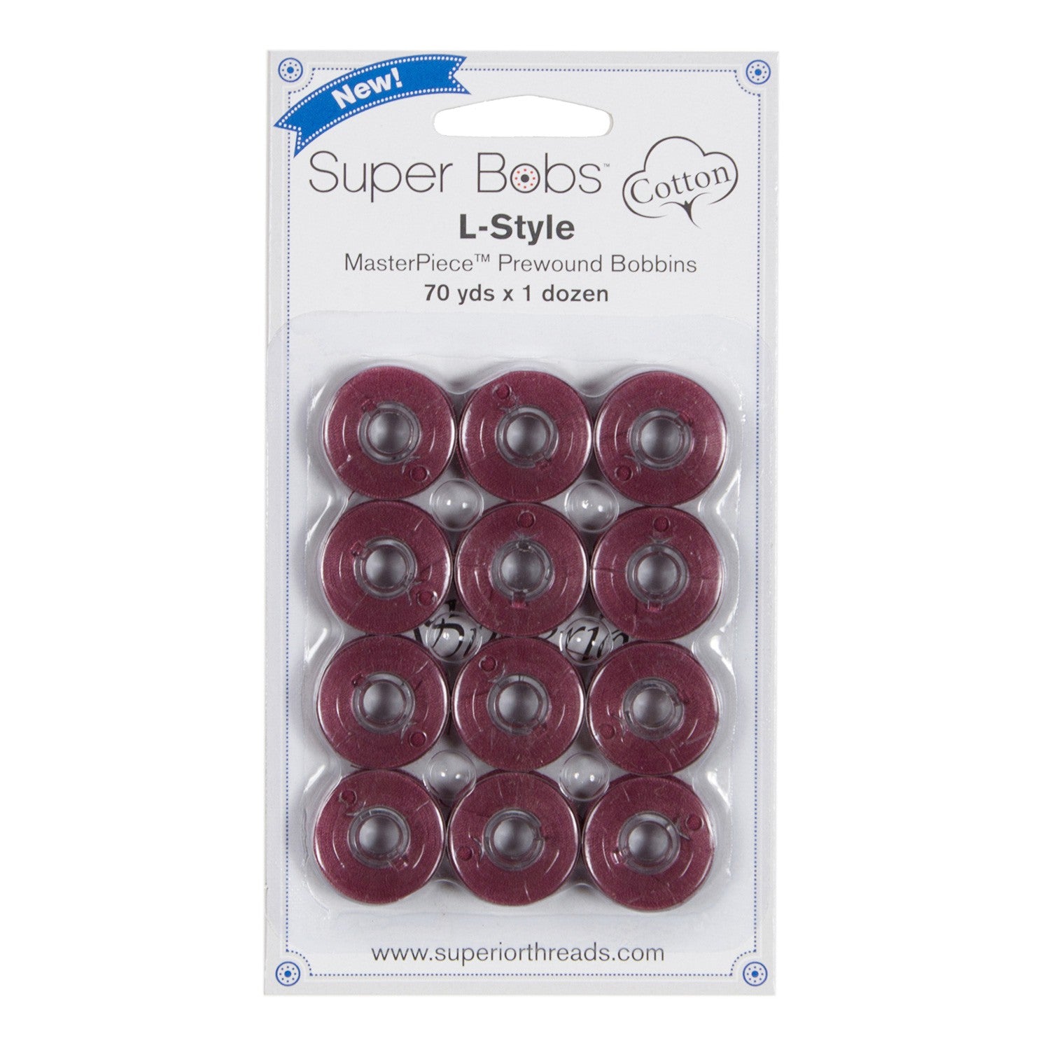 Super Bobs MasterPiece Cotton 70yd Prewound Bobbins 12ct L-Style Plum Berry