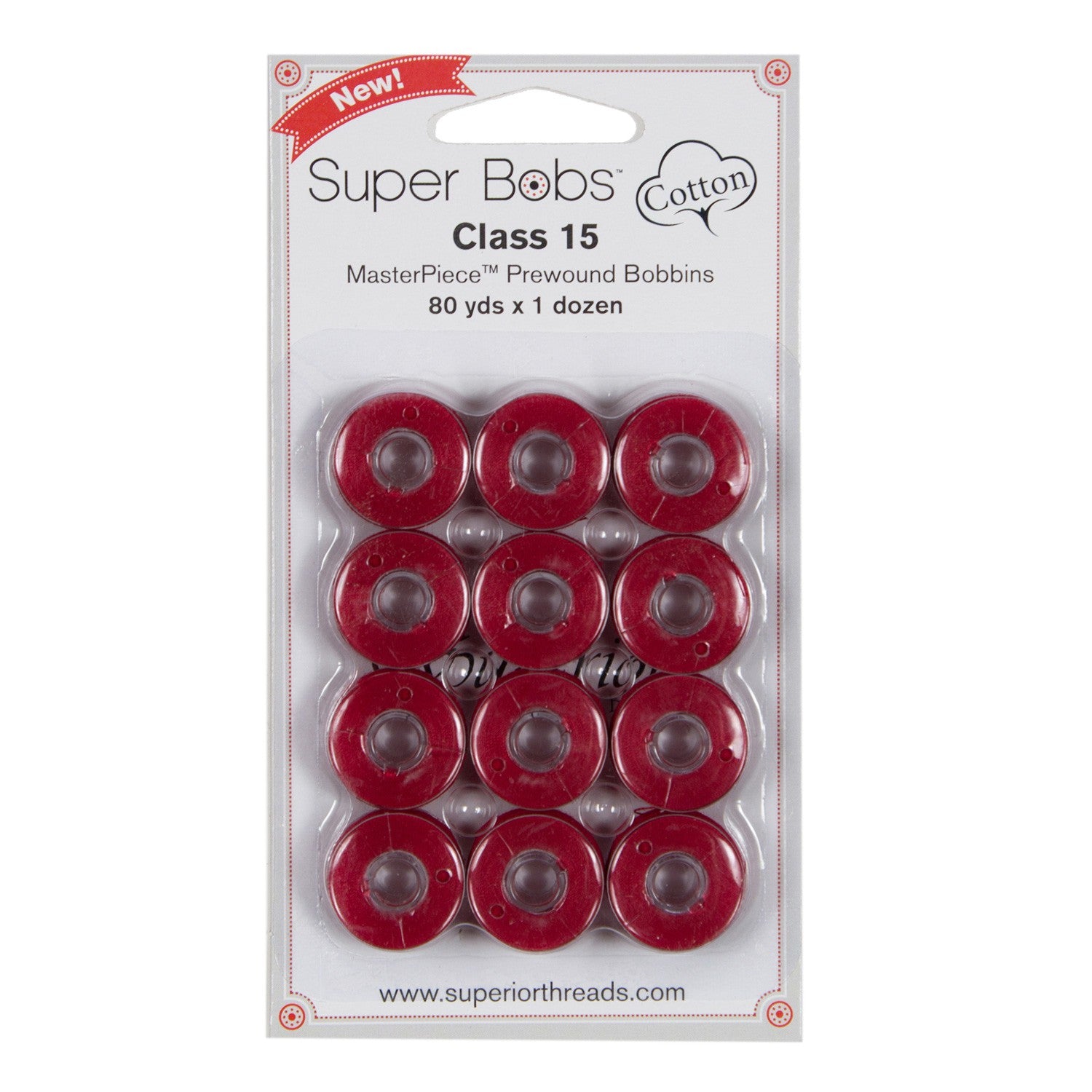 Super Bobs MasterPiece Cotton 80yd Prewound Bobbins 12ct Class 15 Renae Red