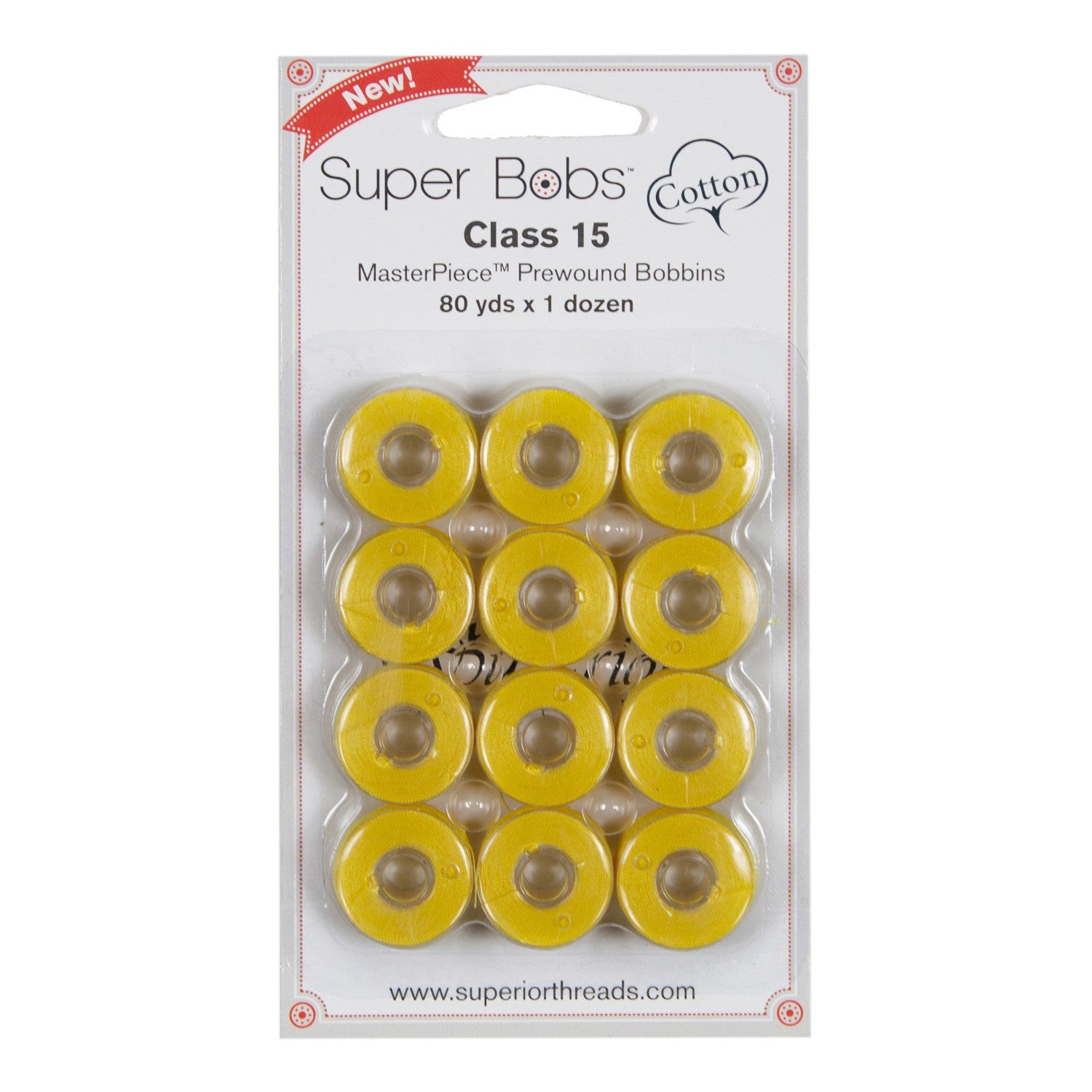 Super Bobs MasterPiece Cotton 80yd Prewound Bobbins 12ct Class 15 Simply Yellow