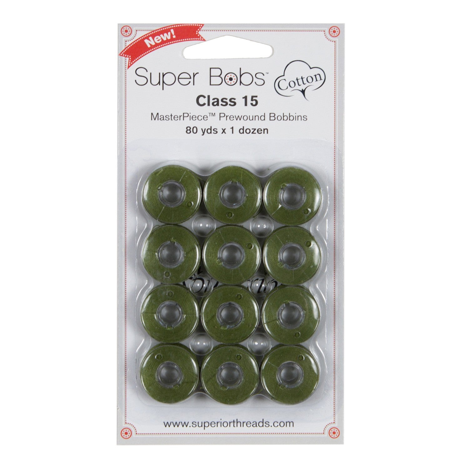 Super Bobs MasterPiece Cotton 80yd Prewound Bobbins 12ct Class 15 Fig Leaf