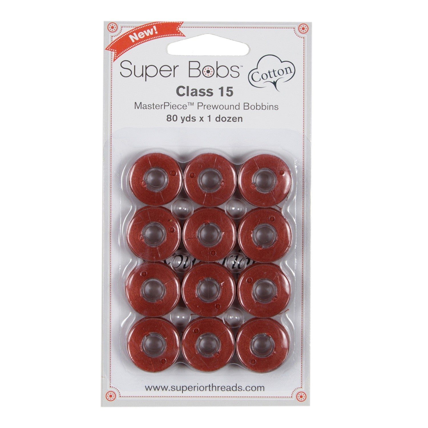 Super Bobs MasterPiece Cotton 80yd Prewound Bobbins 12ct Class 15 Red Hill