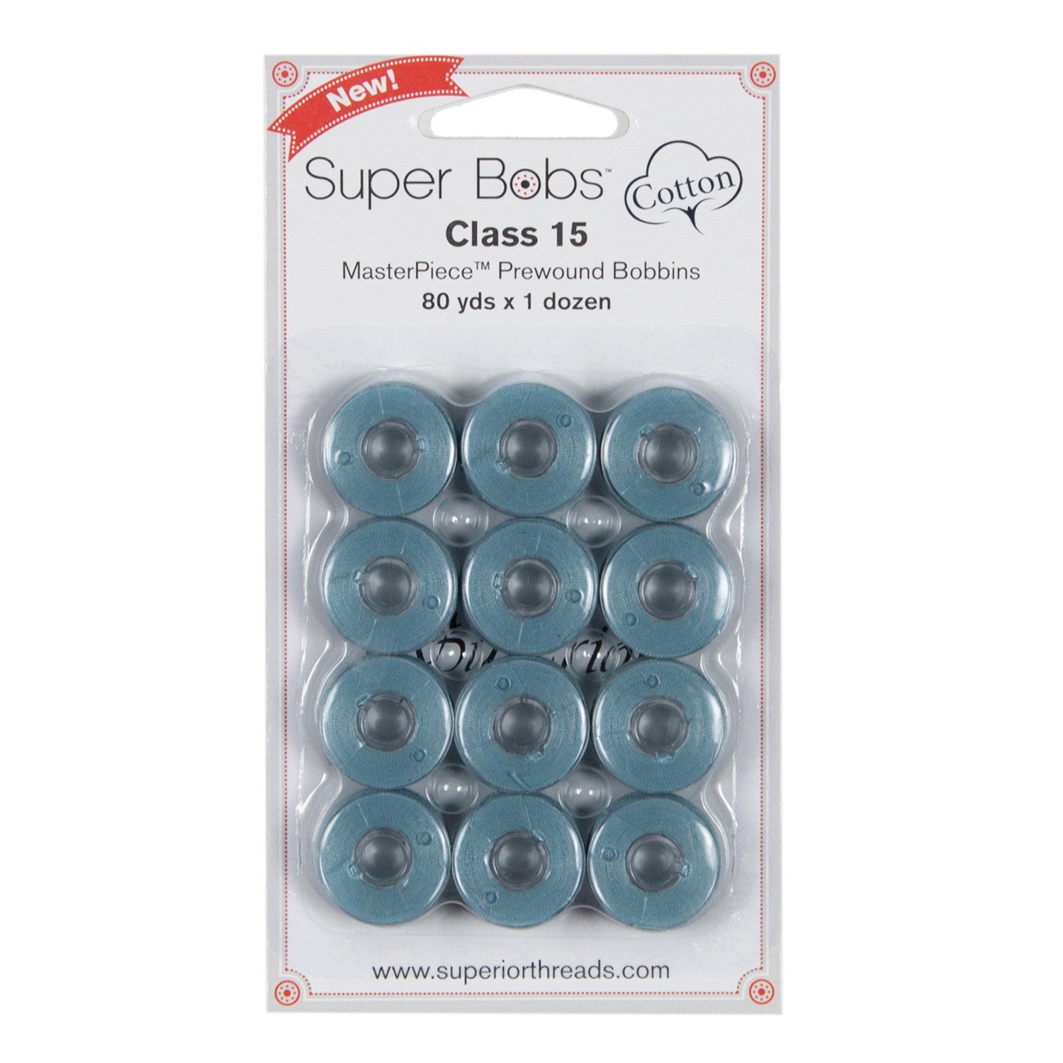 Super Bobs MasterPiece Cotton 80yd Prewound Bobbins 12ct Class 15 Poolside