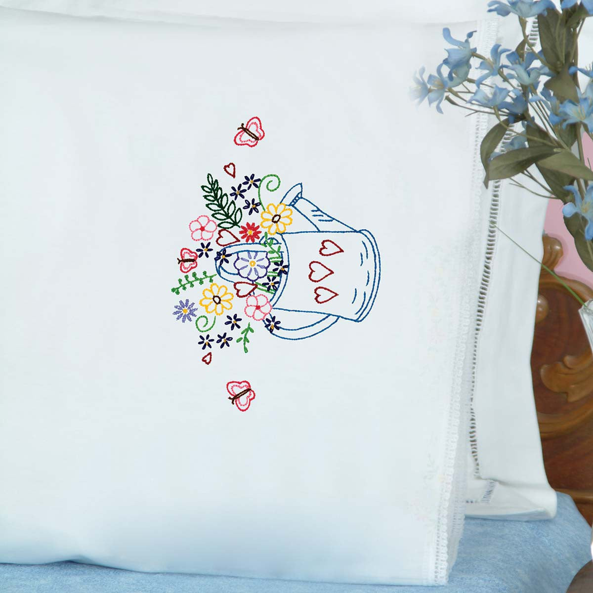 Watering Can Pillowcase With Lace Edge
