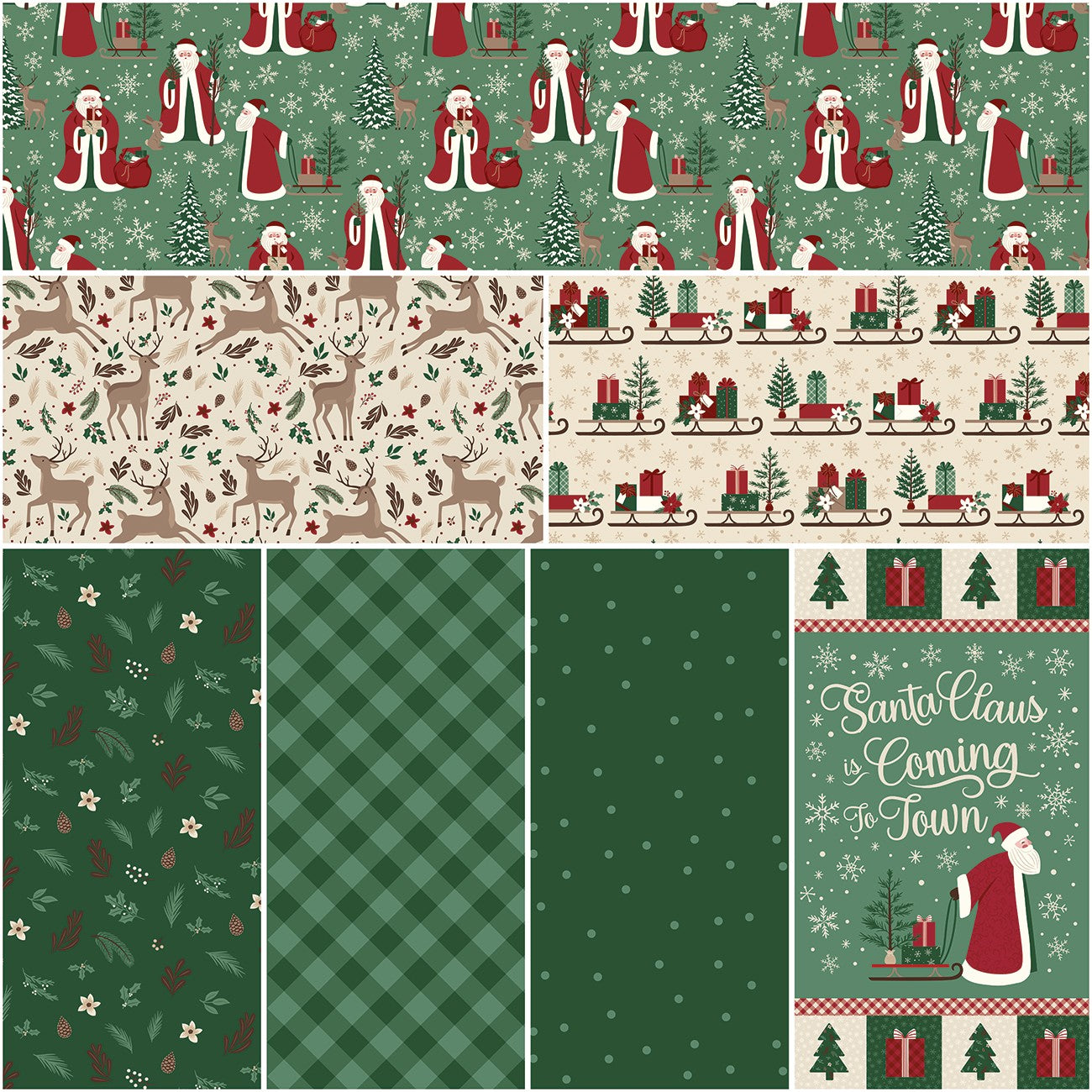 Christmas Time 1 Yard Bundle Green, 7 Pcs.