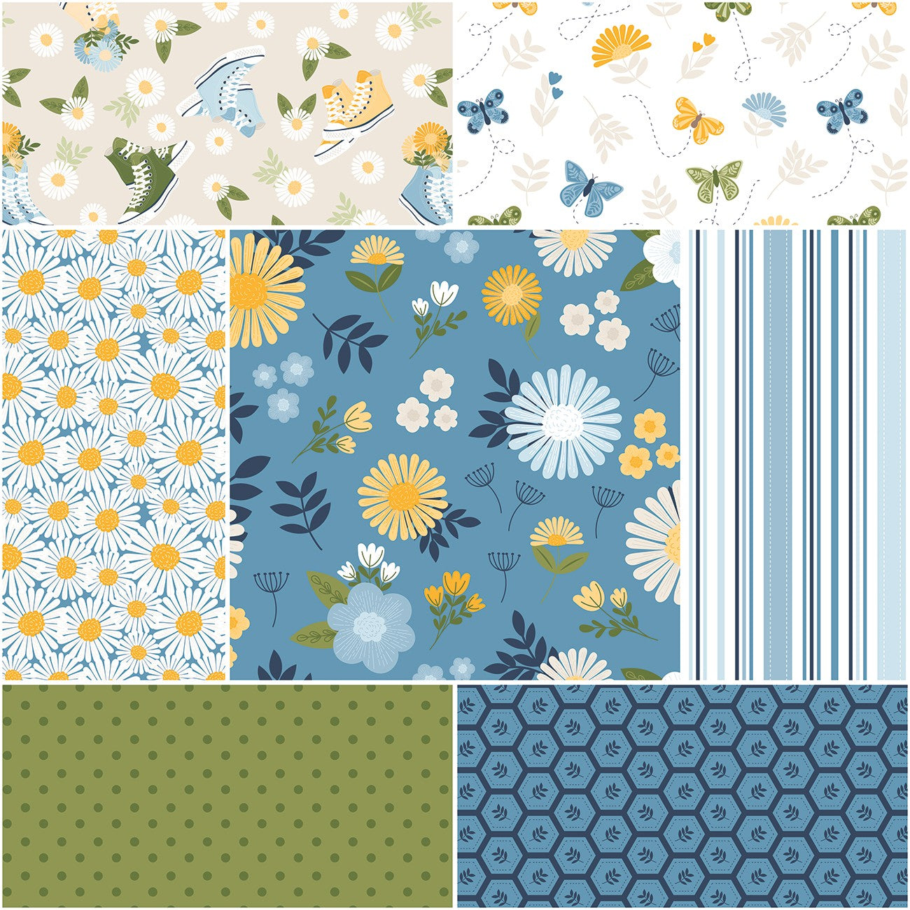 Sunshine & Dandelions 1 Yard Bundle Blue, 7 Pcs.