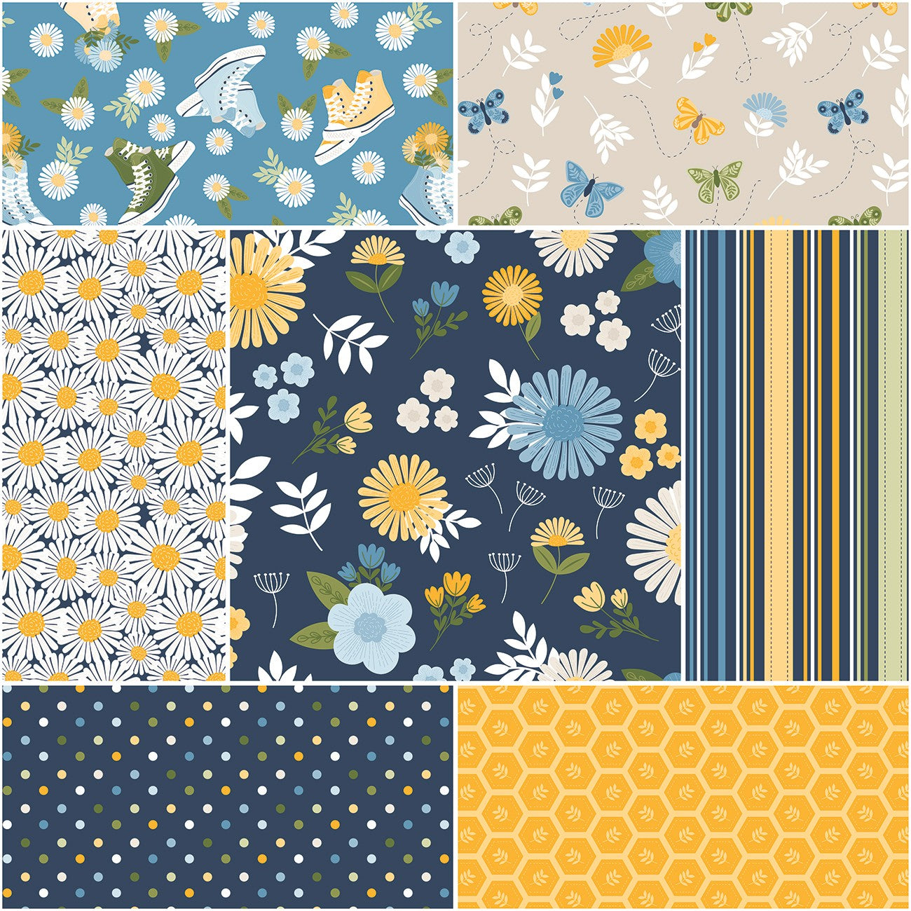 Sunshine & Dandelions 1 Yard Bundle Navy, 7 Pcs.