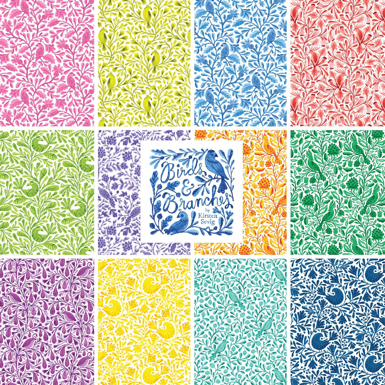 5in Squares, Birds & Branchs Bright, 42pcs/bundle Organic