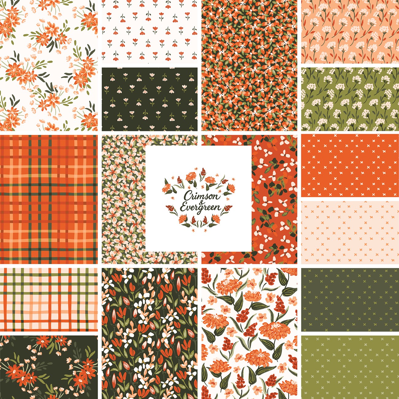 Fat Quarter Crimson & Evergreen 17Pcs/Bundle