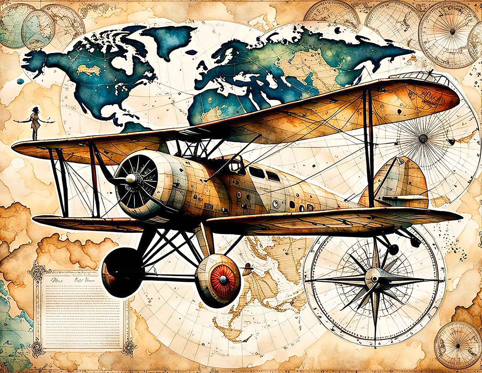 Bi-Plane around the World 17.25x13.5in Panel