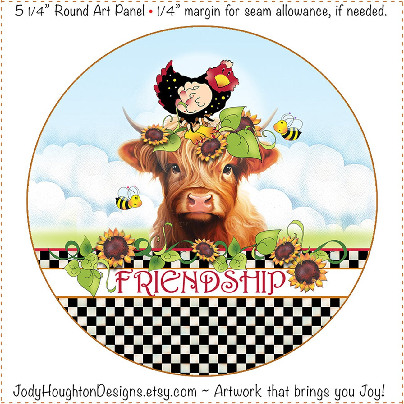 Fabric Panel 5in Round Highland Cow Friendship