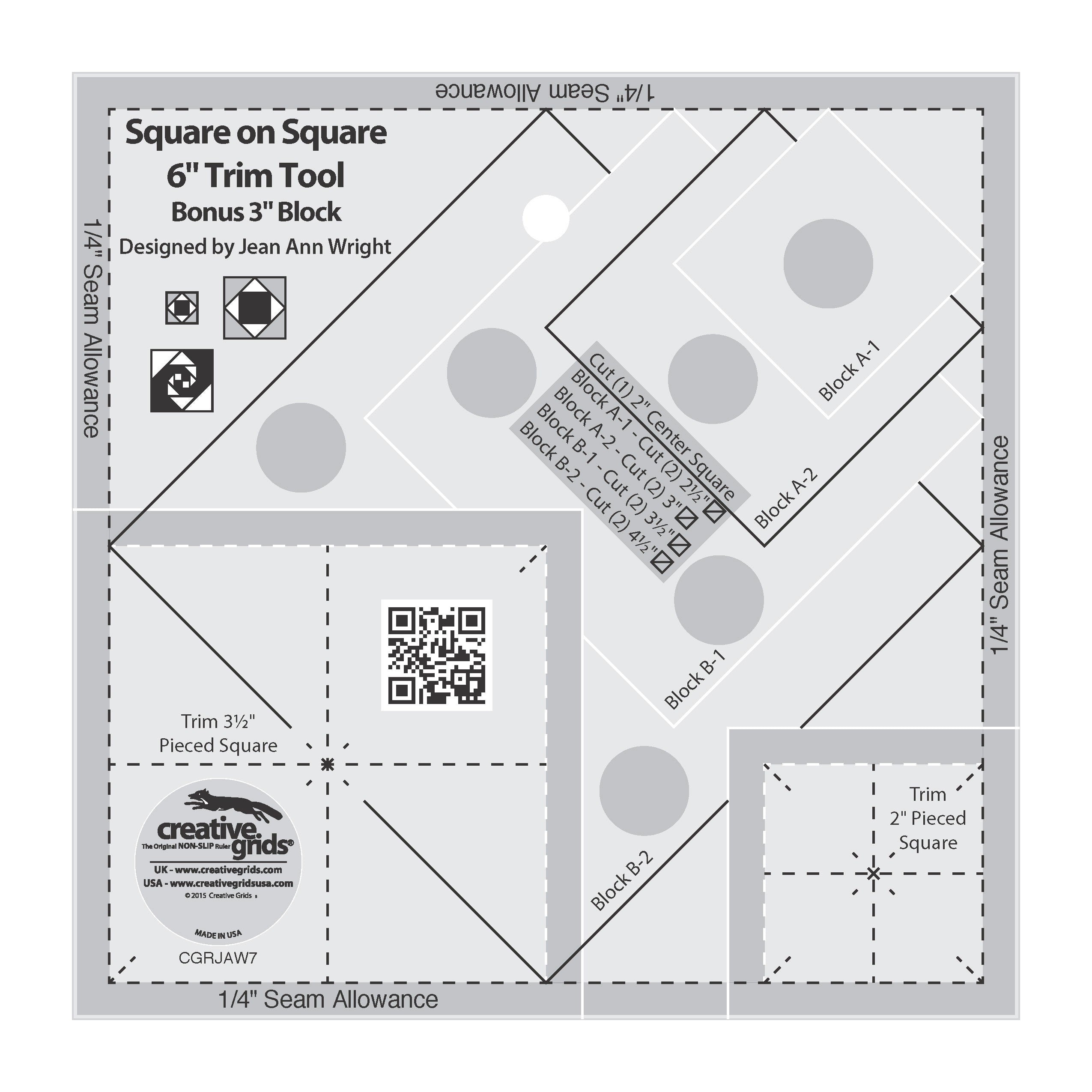 Creative Grids Square on Square Trim Tool 3in or 6in Finished Blocks Quilt Ruler