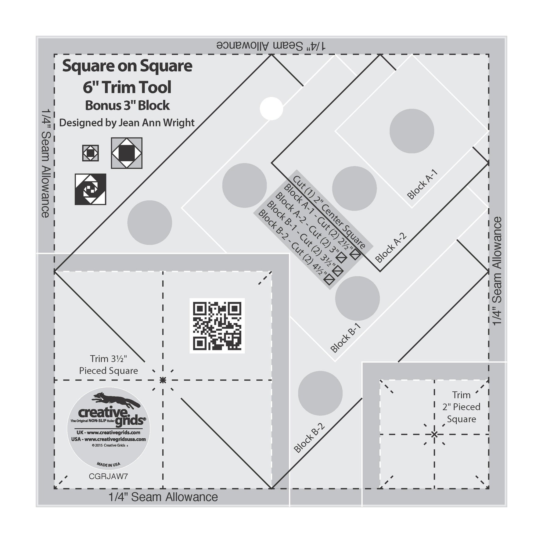 Creative Grids Square on Square Trim Tool 3in or 6in Finished Blocks Quilt Ruler