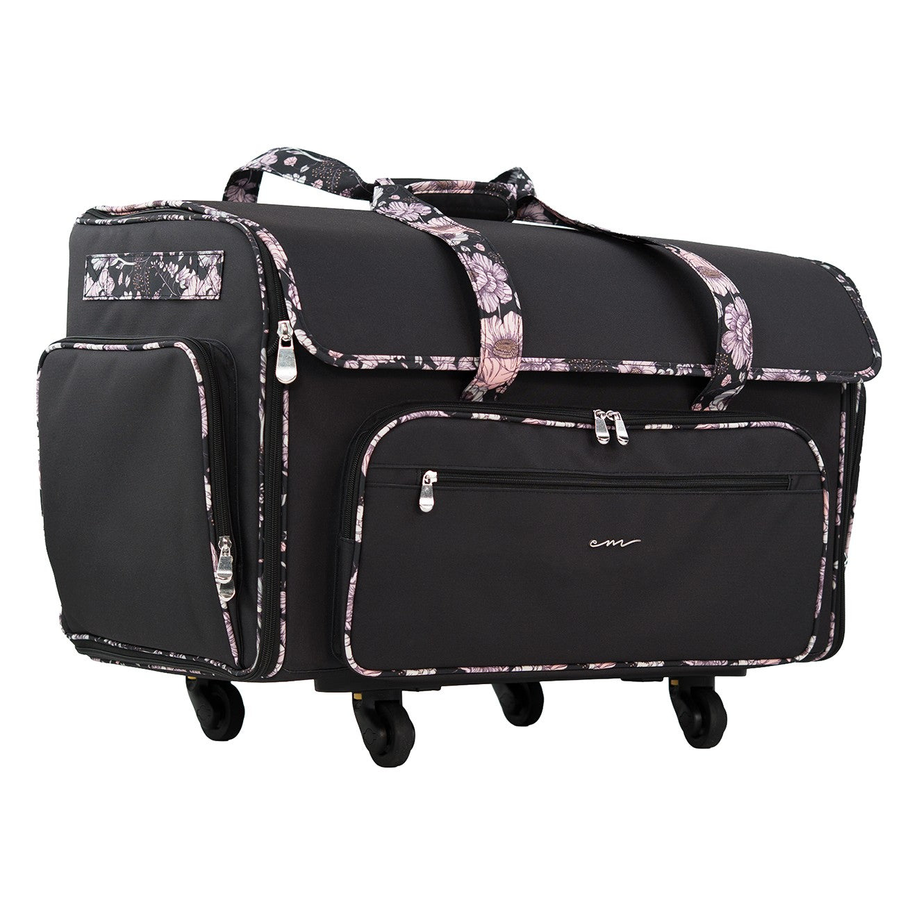 XXL Rolling Sewing Machine Tote Black and Floral Trim