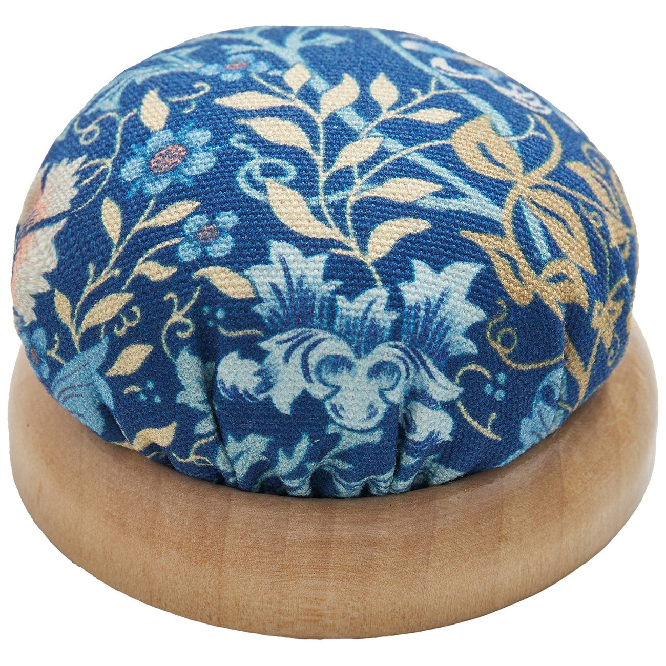Fabric Pincushion with Wood Base Blue Floral