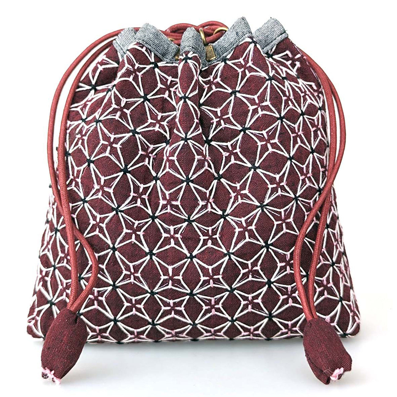Weaving Sashiko Drawstring Bag with KOKI Hydrangea Half Kit Burgundy