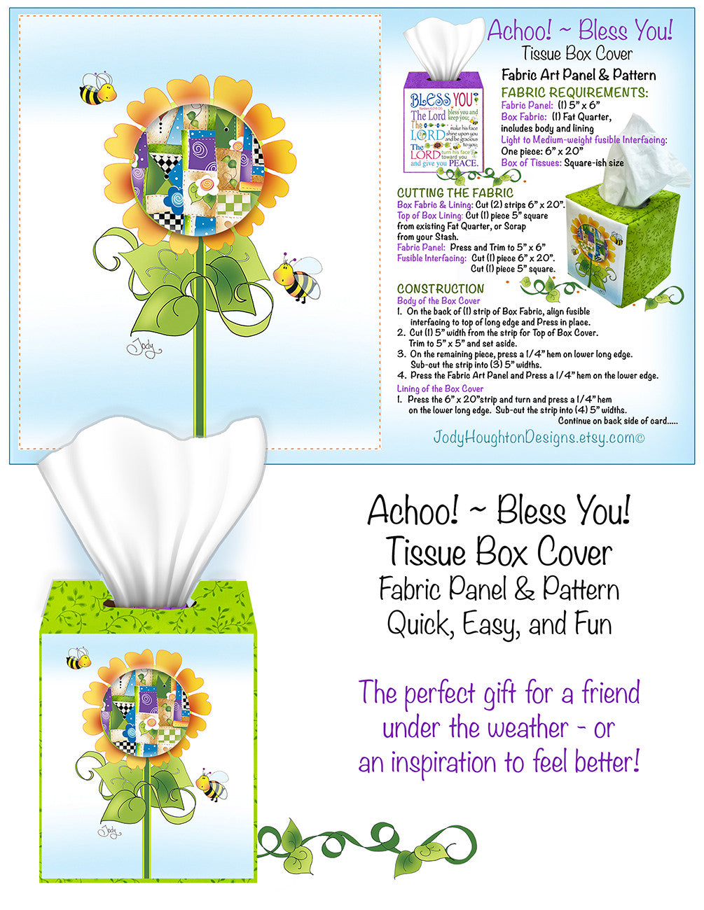 Patchwork Flower Tissue Box Panel and Pattern
