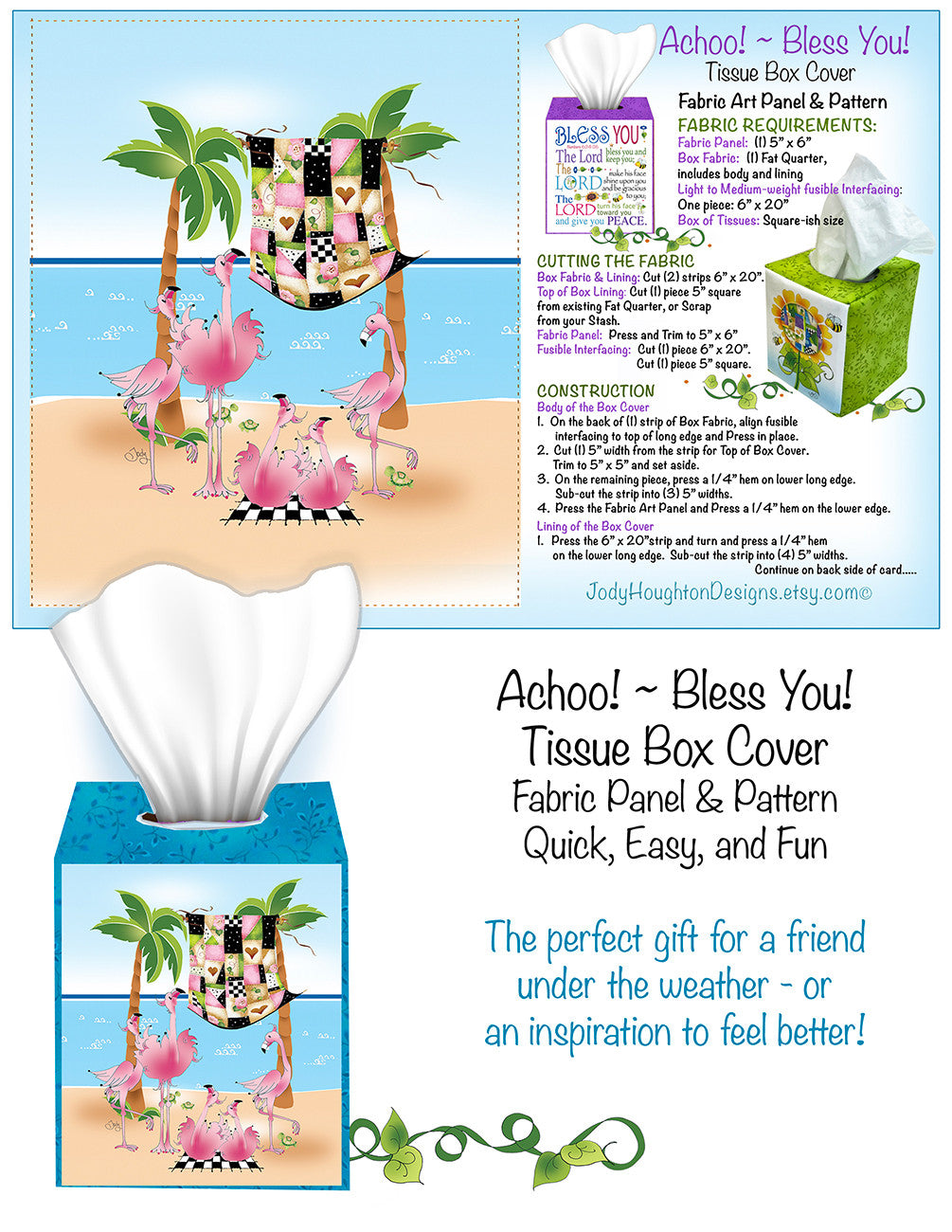 Flamingo Tissue Box Cover Panel and Pattern