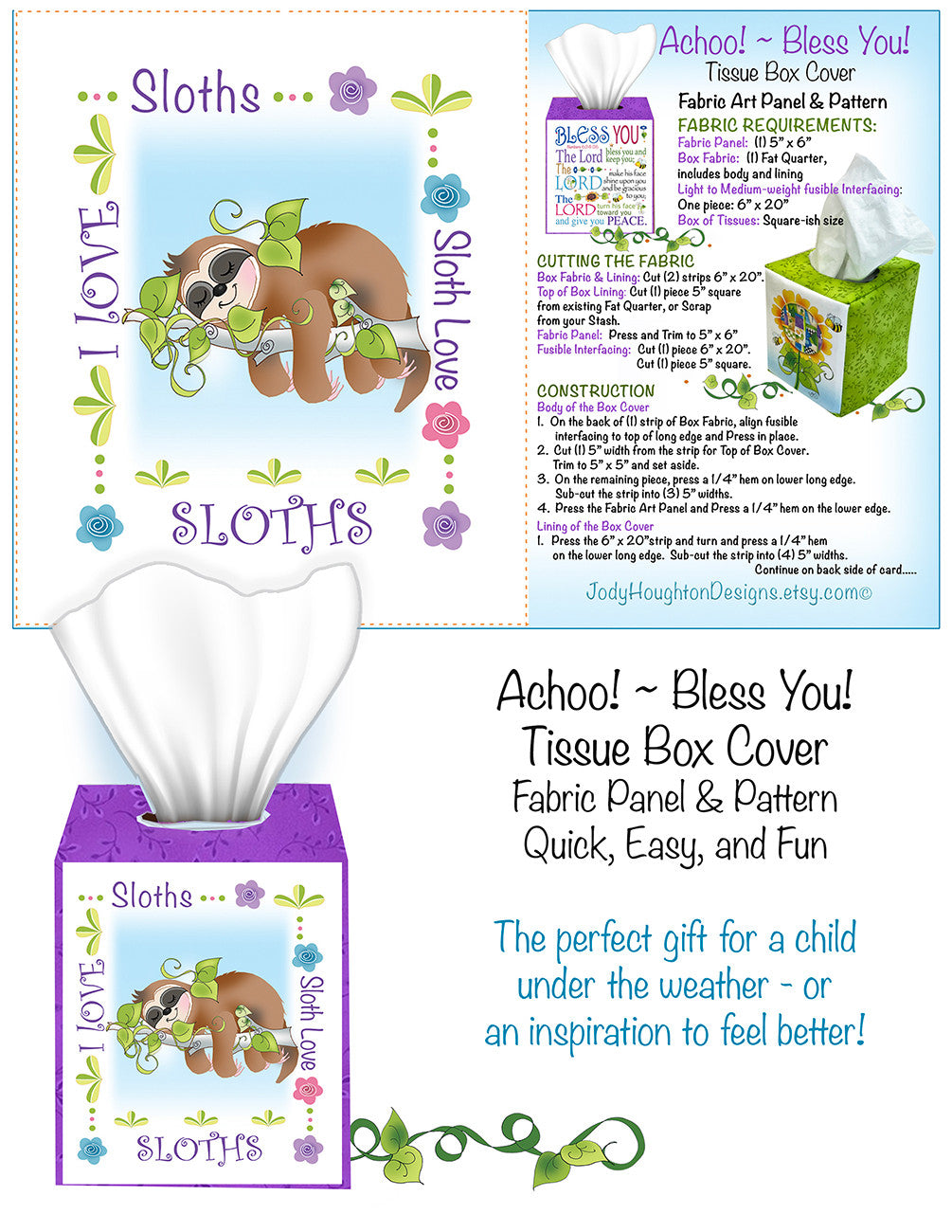Sloth Tissue Box Panel and Pattern
