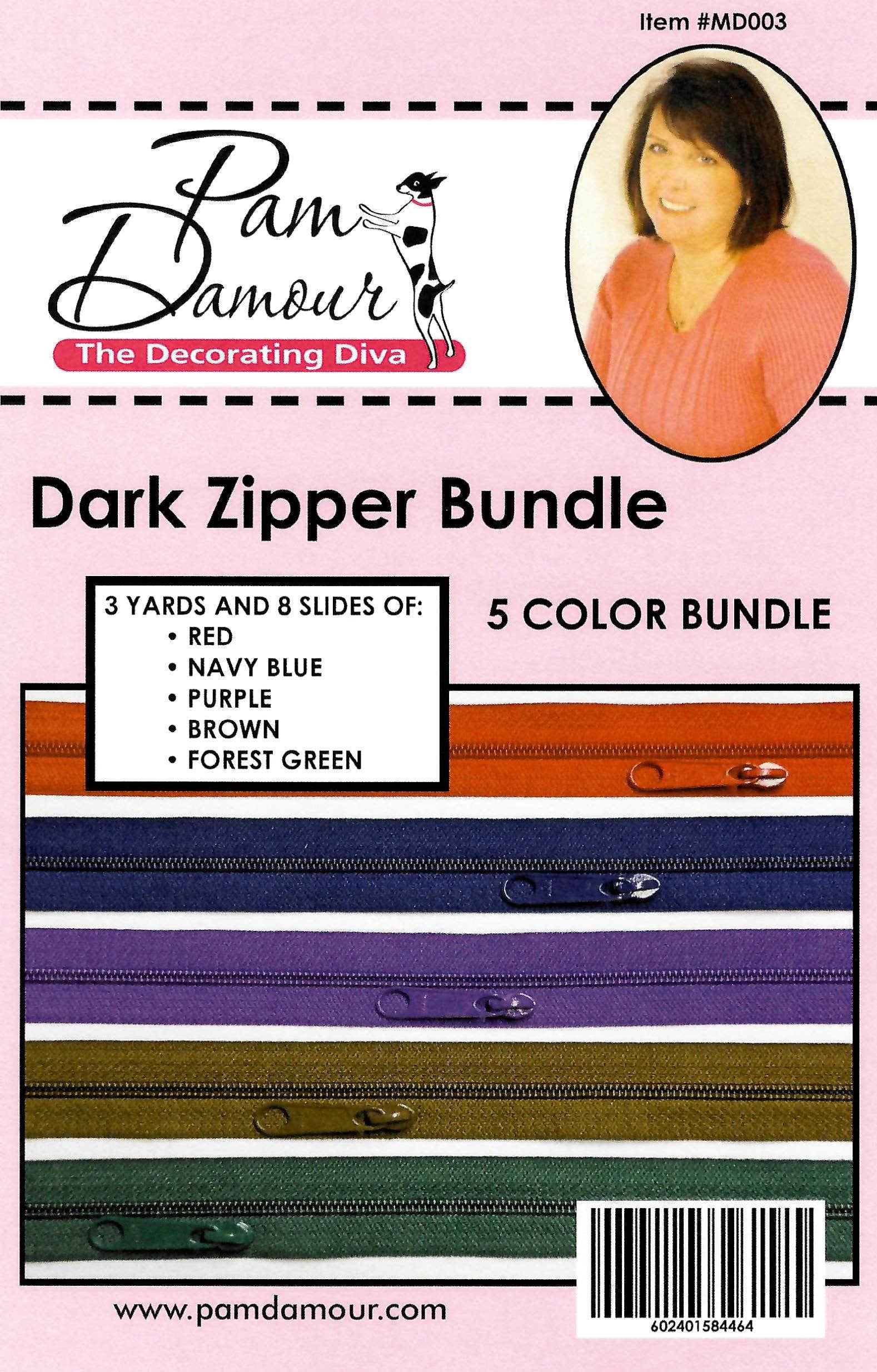 Dark 5 colors, 3 yards of Reversible Coil Zipper Tape with 8 Slides