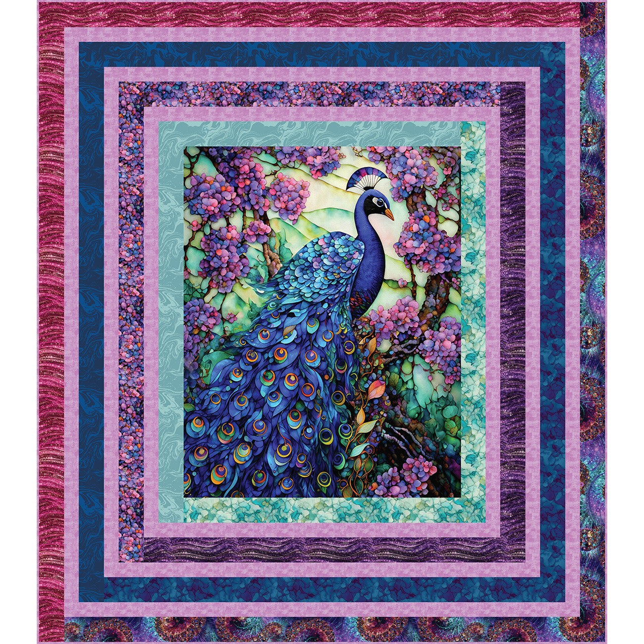Peacock in the Garden Digitally Printed Log Cabin Quilt Panel Sample