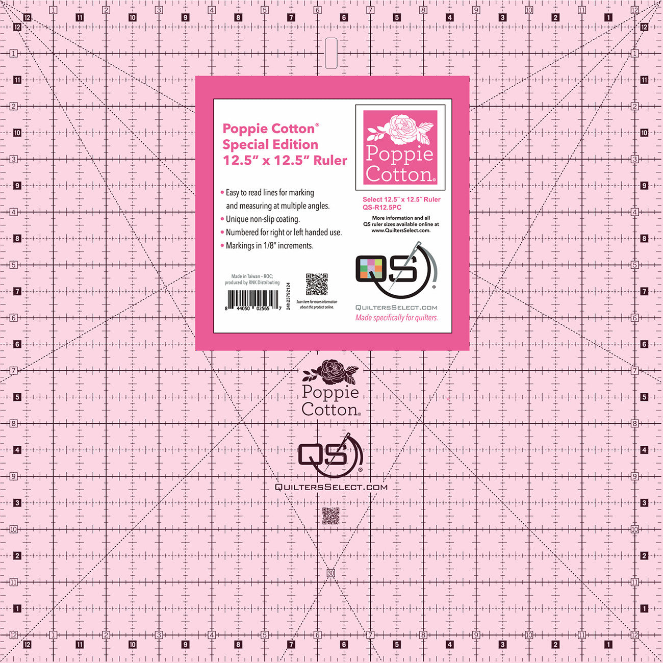 Quilter's Select Pink Poppie Cotton Non-Slip Ruler 12-1/2in x 12-1/2in
