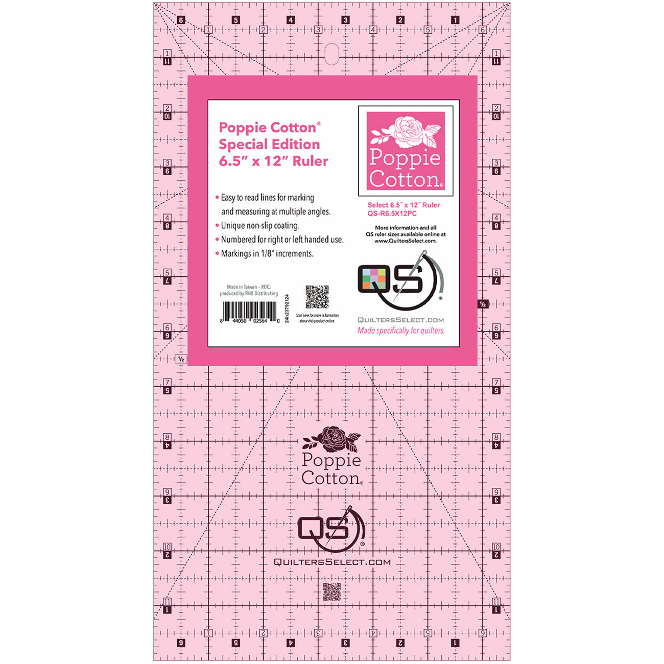 Quilter's Select Pink Poppie Cotton Non-Slip Ruler 6-1/2in x 12in