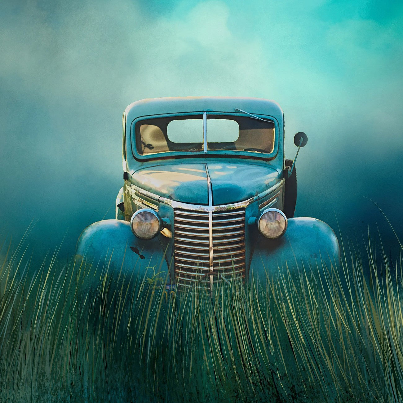 Classic Turquoise Truck Fabric Pane Panel 20.5in x 19.5in