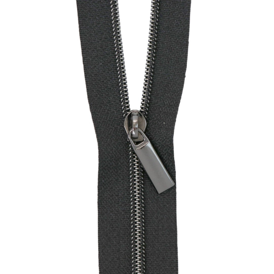 Black #3 Nylon Gunmetal Coil Zippers: 3 Yards with 9 Pulls