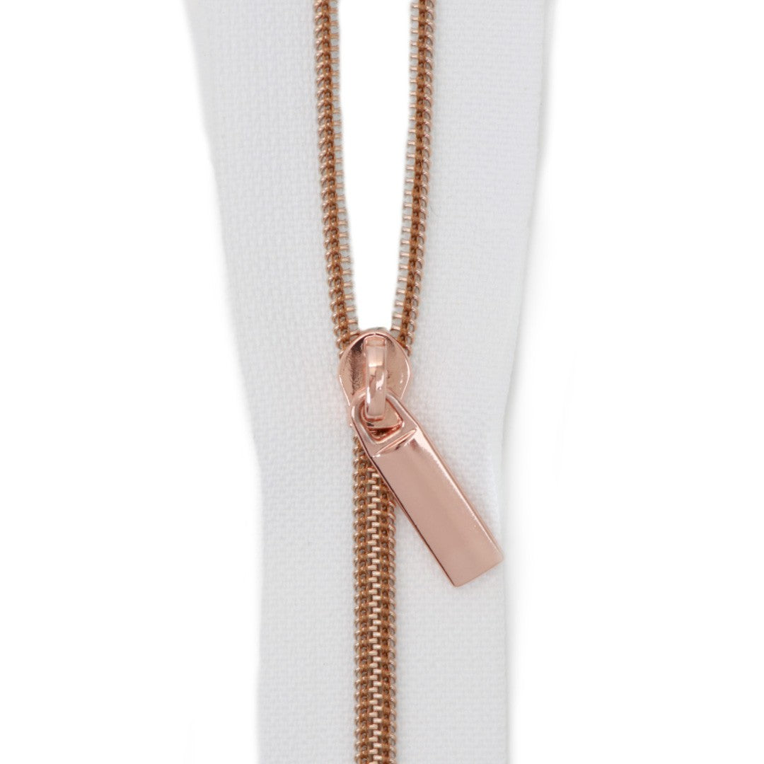 White #3 Nylon Rose Gold Coil Zippers: 3 Yards with 9 Pulls