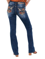 Grace in LA Women's Western Cactus Scene Embroidered Mid Rise Bootcut Jeans